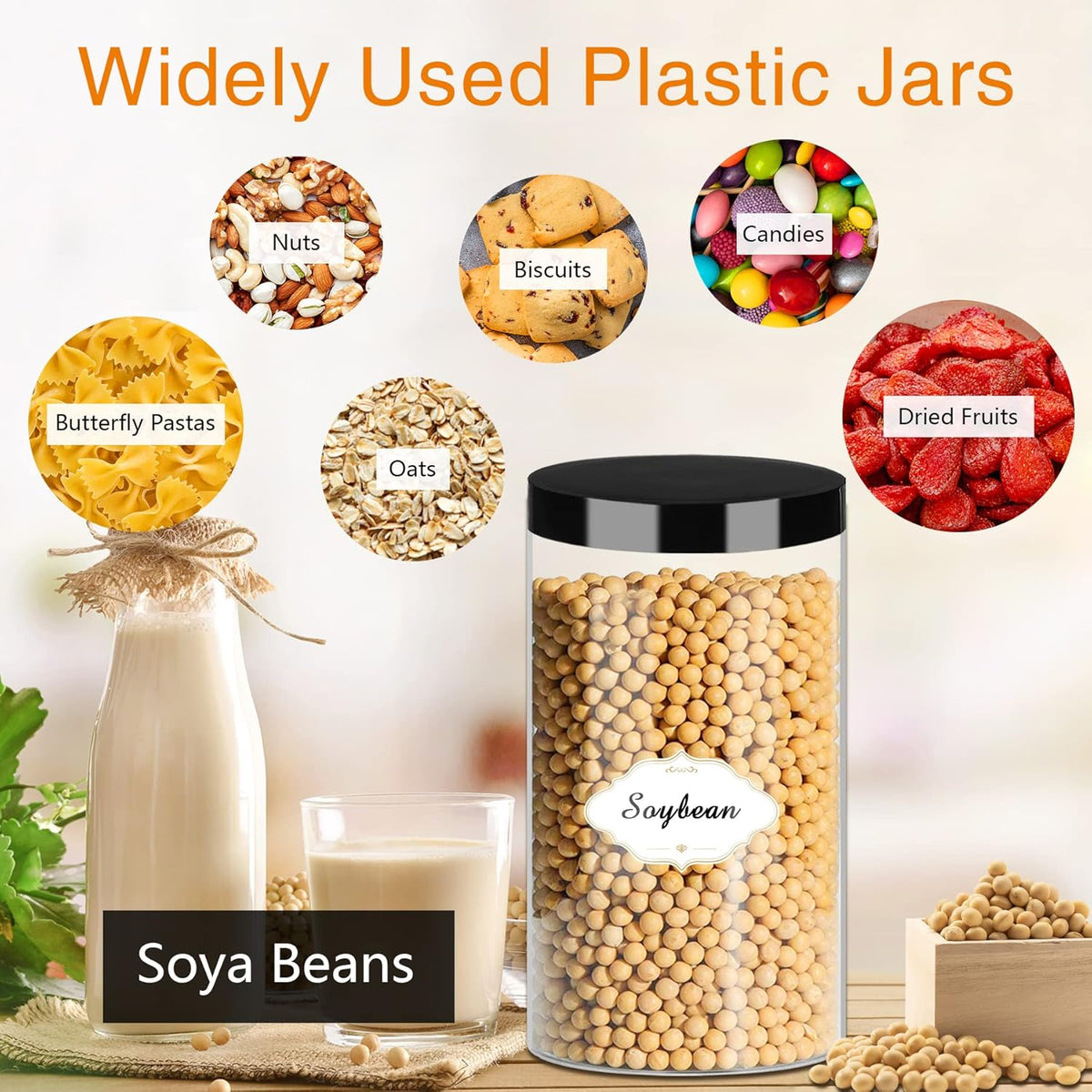 Plastic Jars with Lids, 16 Pcs 32 OZ Large Plastic Storage Jars with Black Leakproof Lids Cylinder