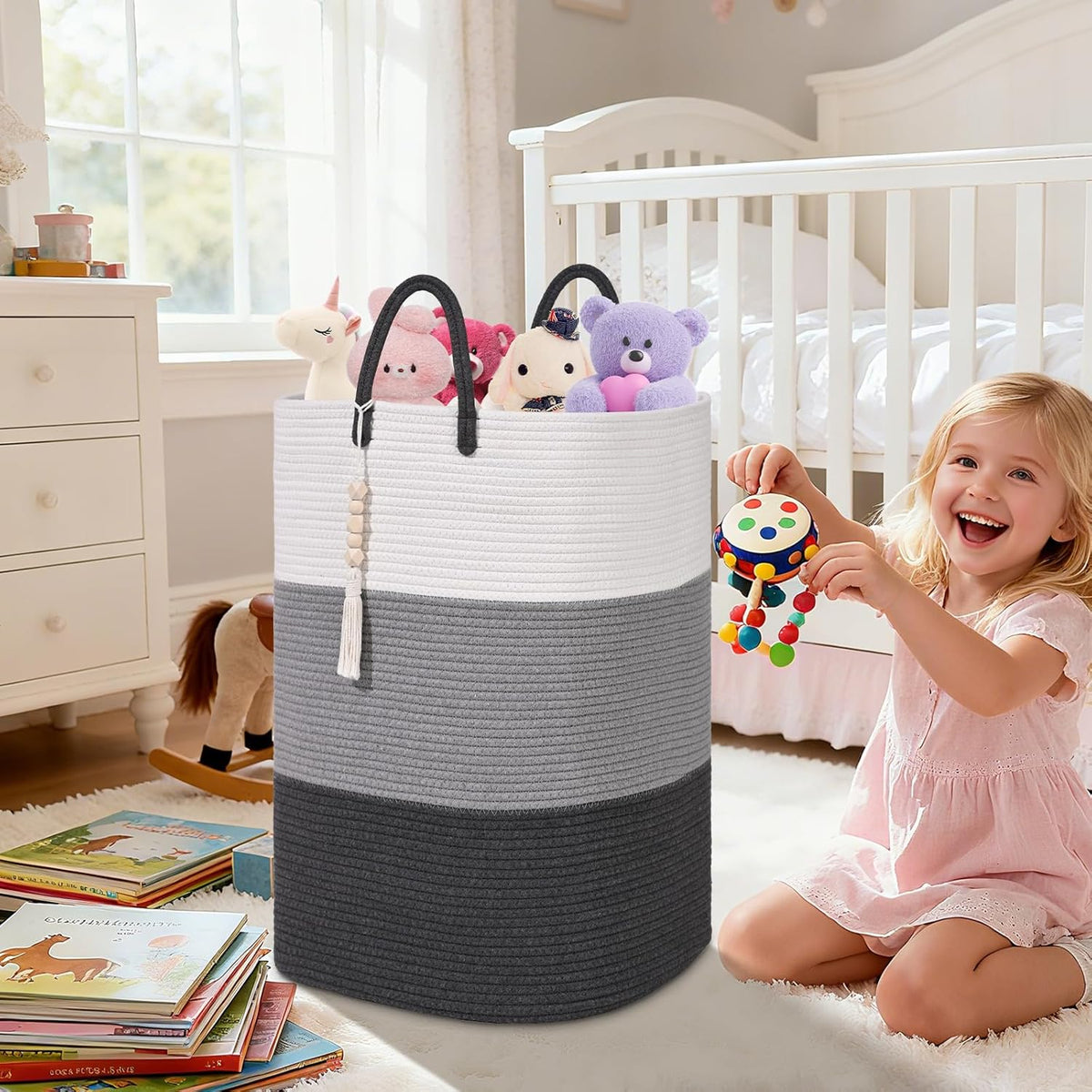 Woven Laundry Basket for Clothes,100 L Large Rectangle Laundry Hampers with Beads Tassel, Nursery