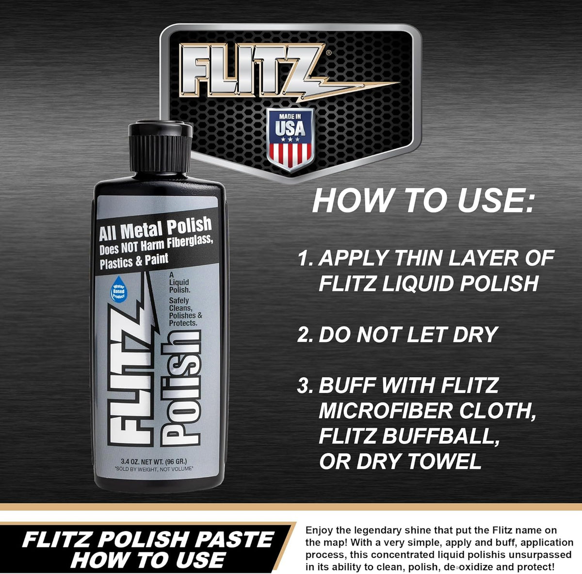 Flitz Multi Purpose Metal Polish Liquid - 3.4oz Bottle of USA-Made Tarnish Remover - For Aluminum