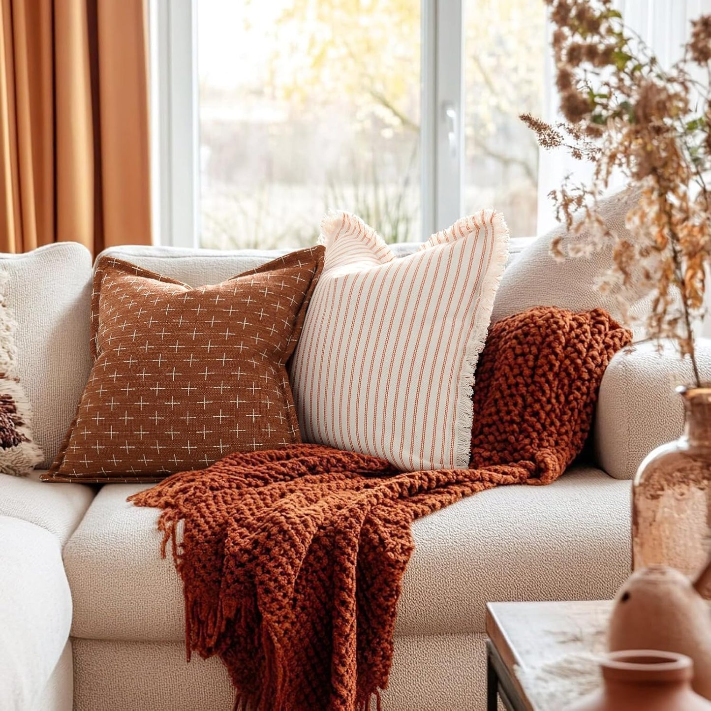 ZWJD Fall Throw Pillow Covers 26x26 Set of 2 Soft Polyester Textured Rust Pillow Covers with