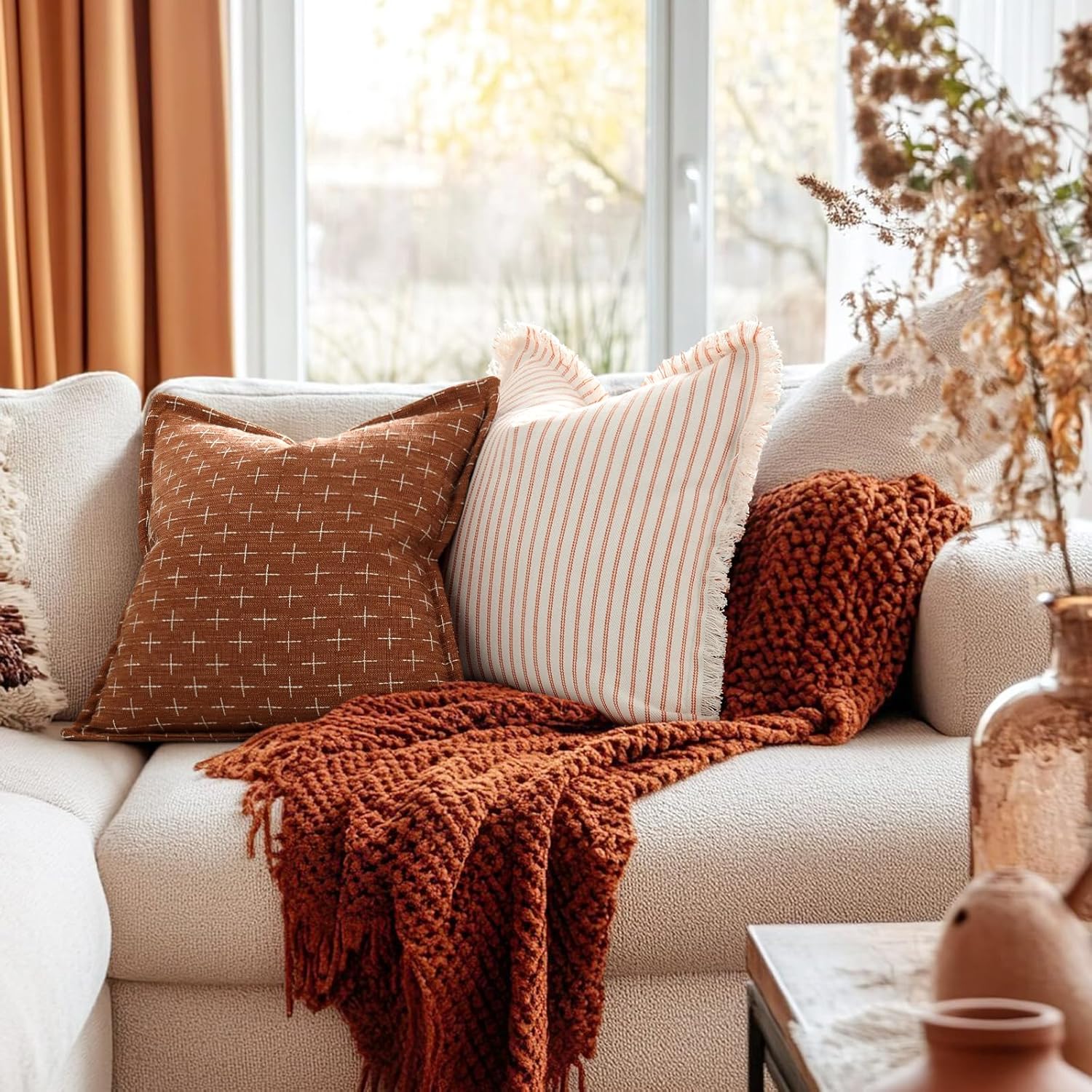 ZWJD Fall Throw Pillow Covers 26x26 Set of 2 Soft Polyester Textured Rust Pillow Covers with