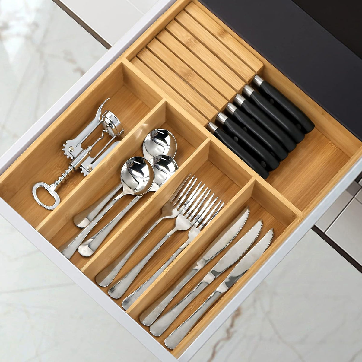 VaeFae Bamboo Silverware Organizer (Non-expandable), Utensil Holder for Drawer, Wooden Cutlery Tray