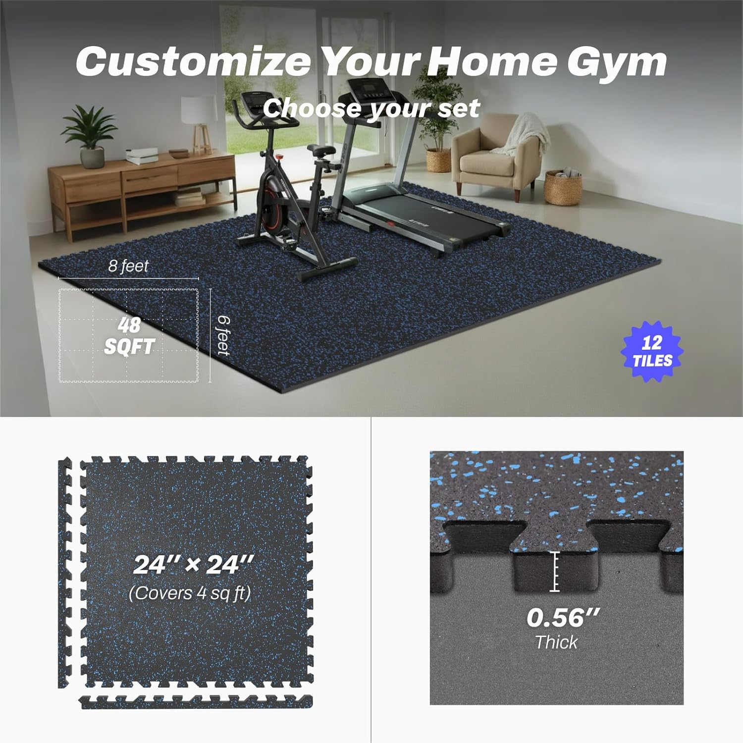 AIRHOP 0.56in Thick 48 Sq Ft Exercise Equipment Mats, 12 Tiles Upgraded Rubber Top with High