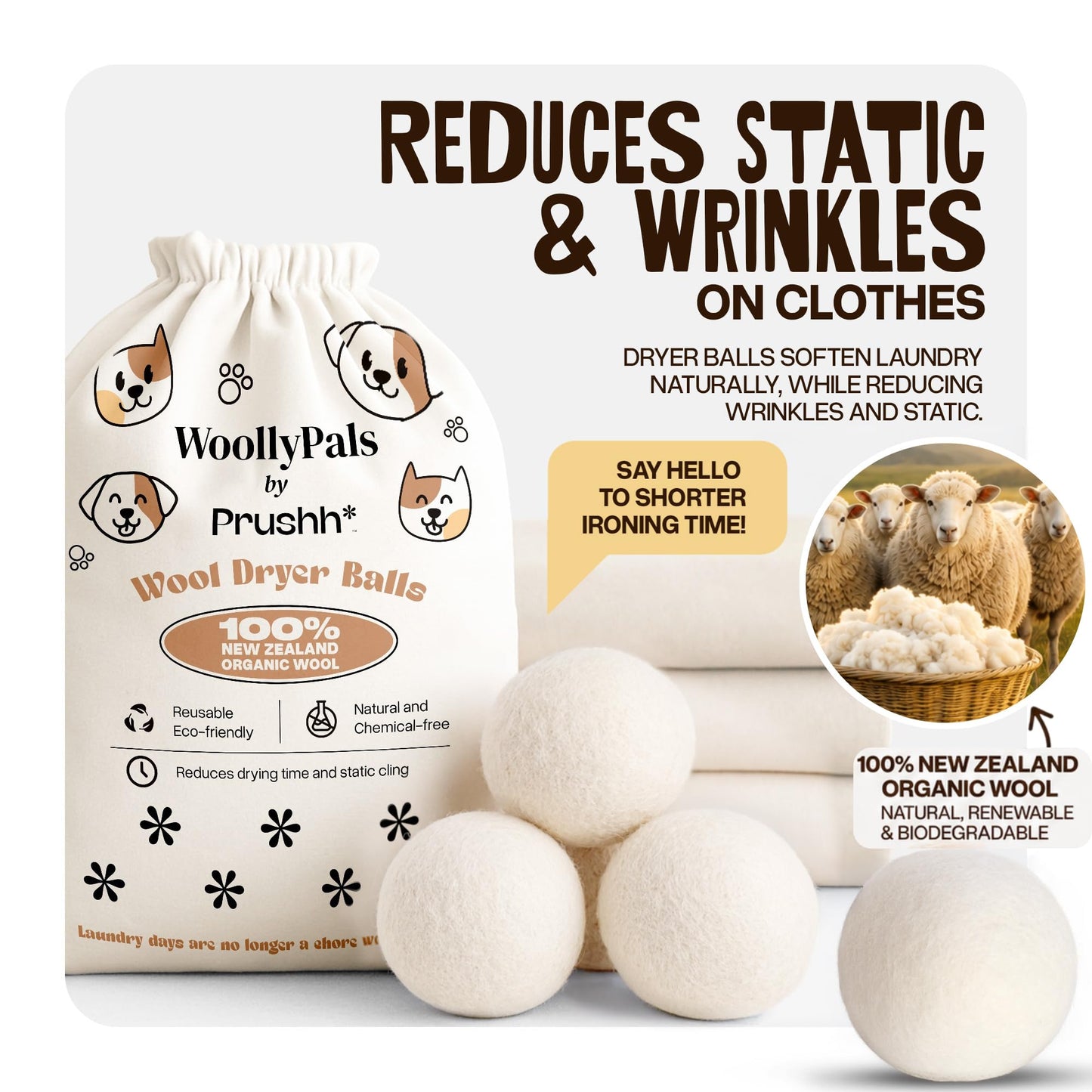 WoollyPals Dryer Balls (6-Pack, XL Size) - 100% New Zealand Wool - No More Dryer Sheets - Eco Dryer
