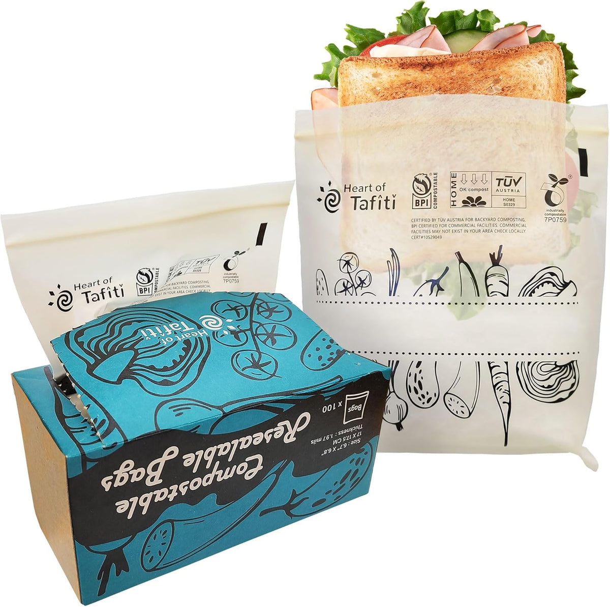 Compostable Food Storage Bags, Resealable Sandwich Bags, 100 Count, 6.7 x 6.8 inches, Extra Thick