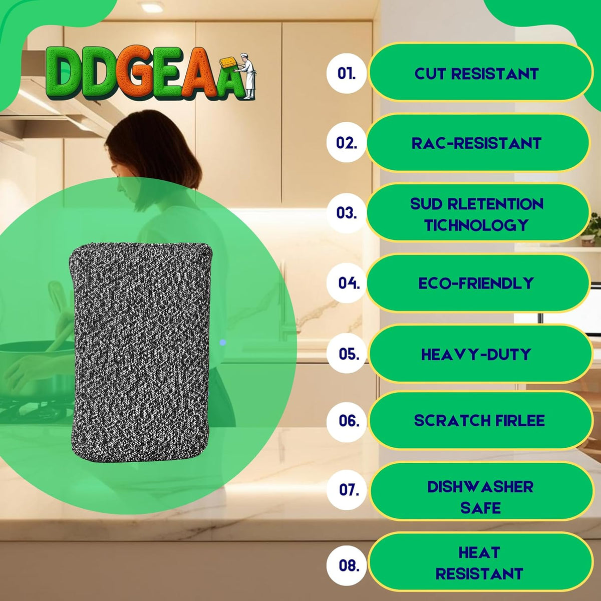 Heavy - Duty Kitchen Sponge - 20 Times More Durable, Scratch Free, Suitable for Non Stick Cookware