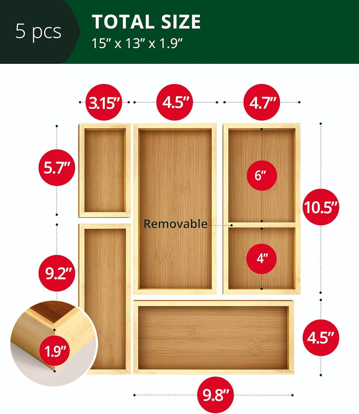 ROYAL CRAFT WOOD 5-Piece Bamboo Drawer Organizer Set – Multi-Use Storage Trays for Kitchen
