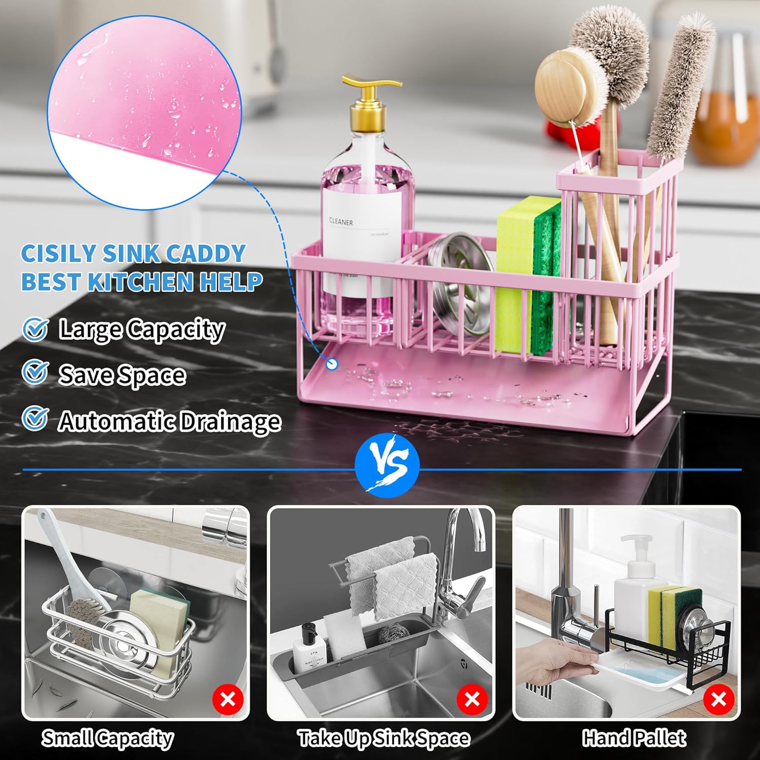 Cisily Pink Kitchen Sink Caddy Organzier with High Brush Holder, Sponge Holder for Sink, 304