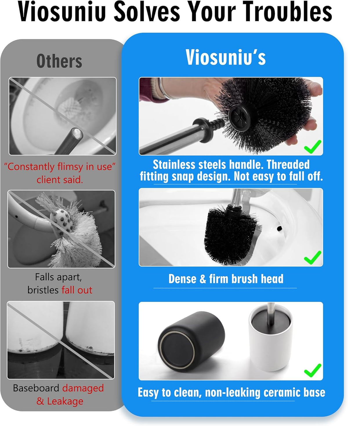 Ceramic Toilet Brush & Holder Set - Freestanding Deep-Cleaning Toilet Bowl Cleaner Brush, Stainless
