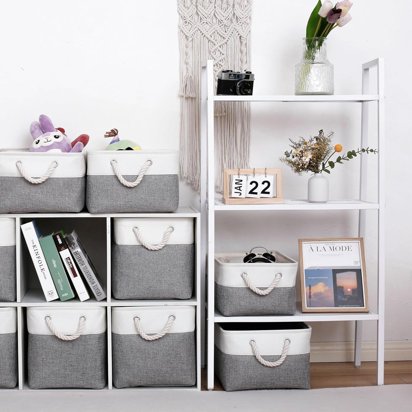 11 x 11 Inch Storage Cubes, 6 Pack Large Collapsible Fabric Storage Bin with Ropes, Foldable