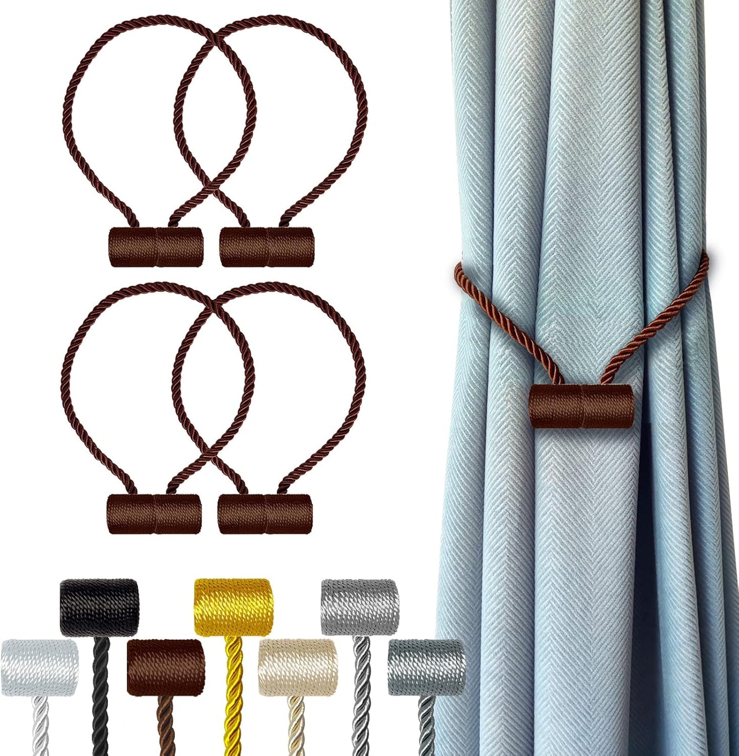 Hion Magnetic Curtain Tiebacks Dark Brown 4 Pack, Curtain Tiebacks Buckles Holdbacks Holders Hooks