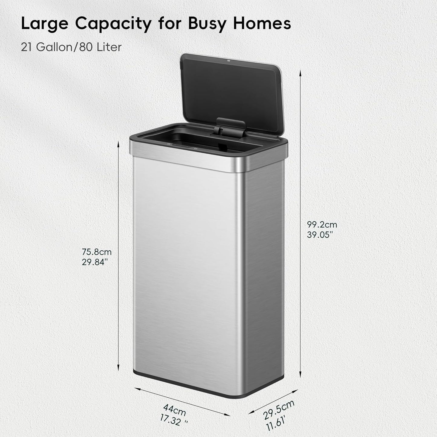 EKO Nova Sensor Trash Can, 21 Gallon/80 Liter Stainless Steel Rectangular Touchless Motion Sensor