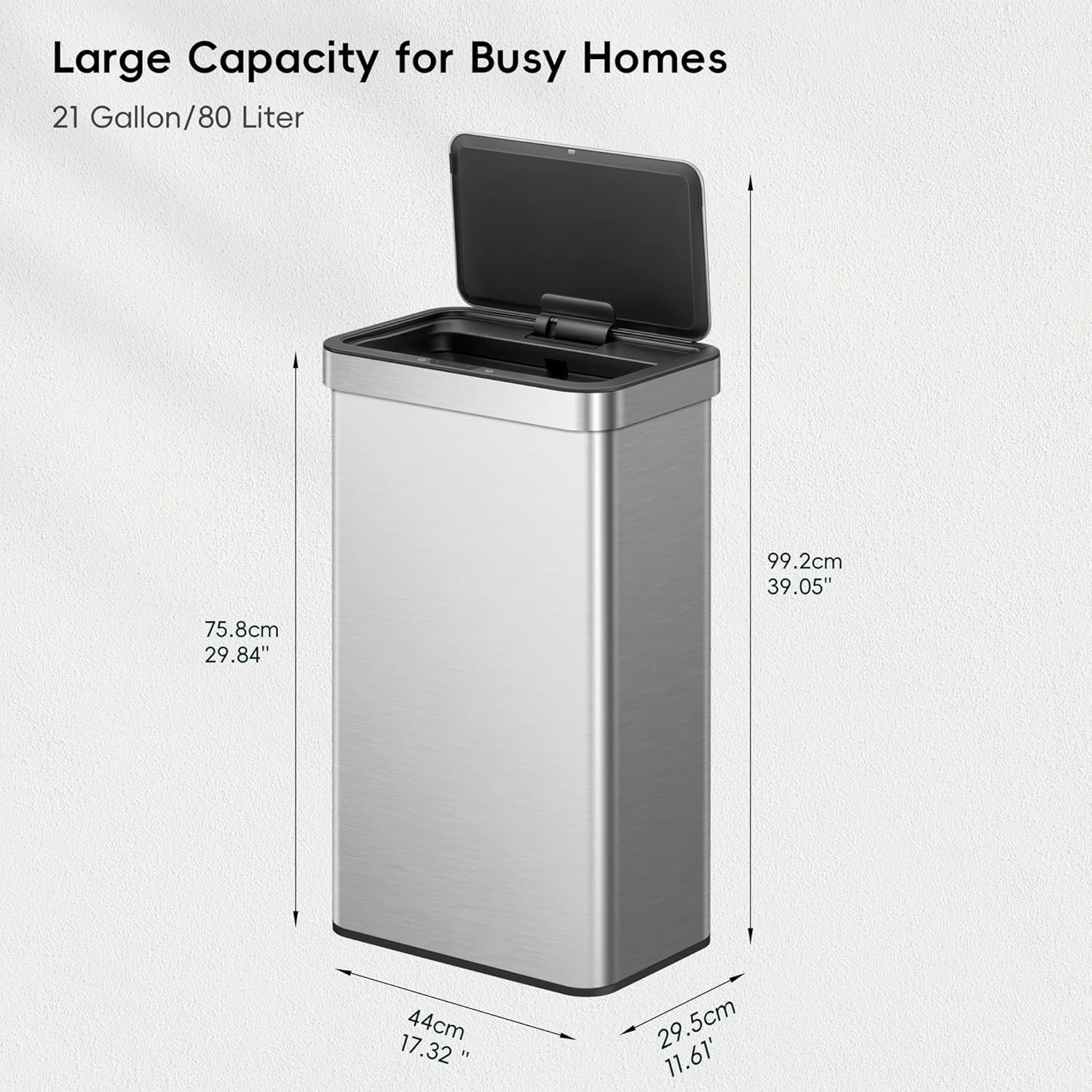 EKO Nova Sensor Trash Can, 21 Gallon/80 Liter Stainless Steel Rectangular Touchless Motion Sensor
