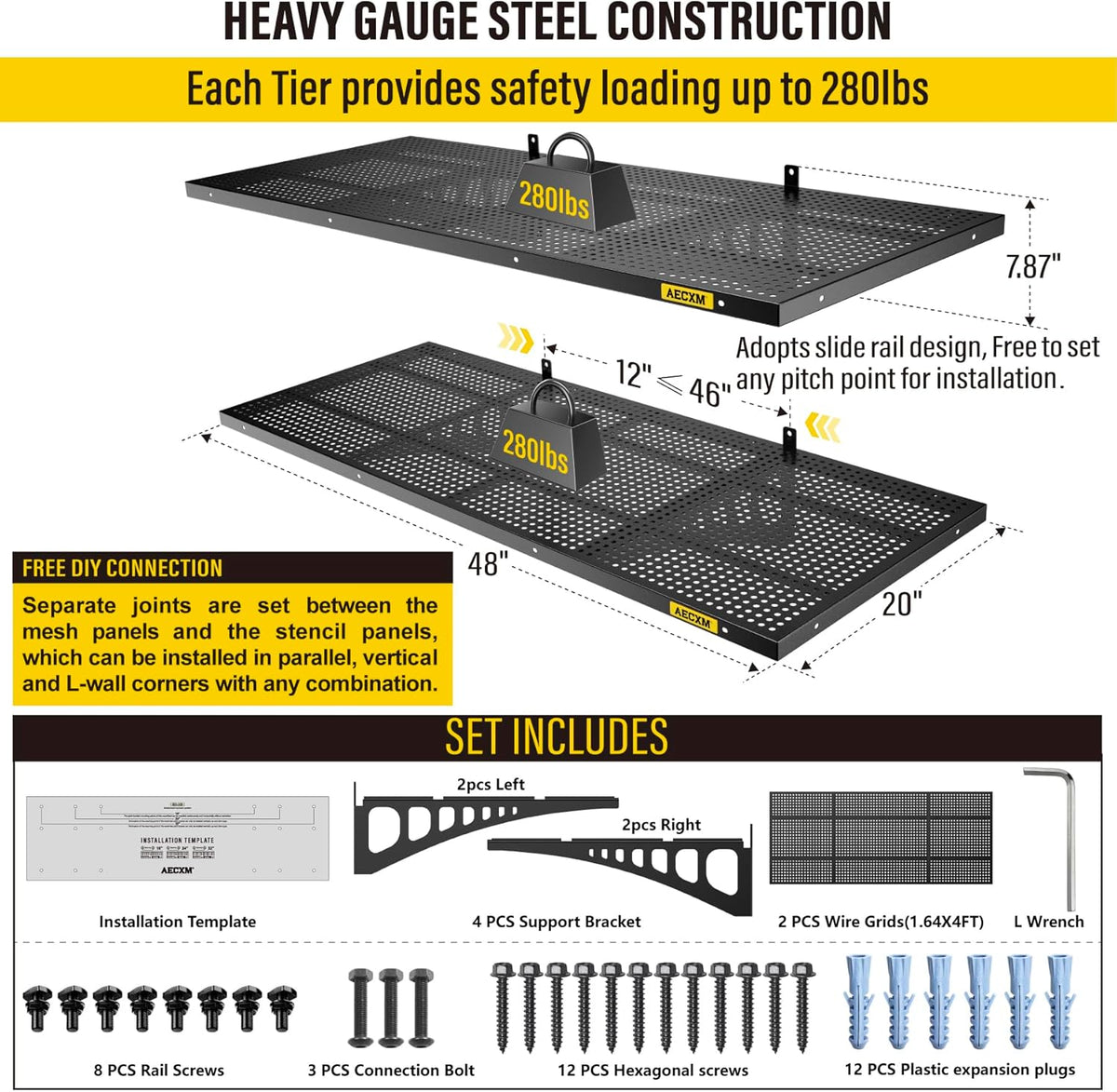 2-Pack 1.64x4ft Adjustable Garage Wall Shelving 560lbs Load Capacity Heavy Duty Wall Mounted