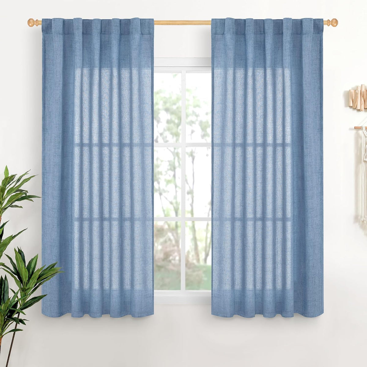 YoungsTex Denim Blue Linen Curtains 48 Inch Length for Short Kitchen Window, Semi Sheer Drapes