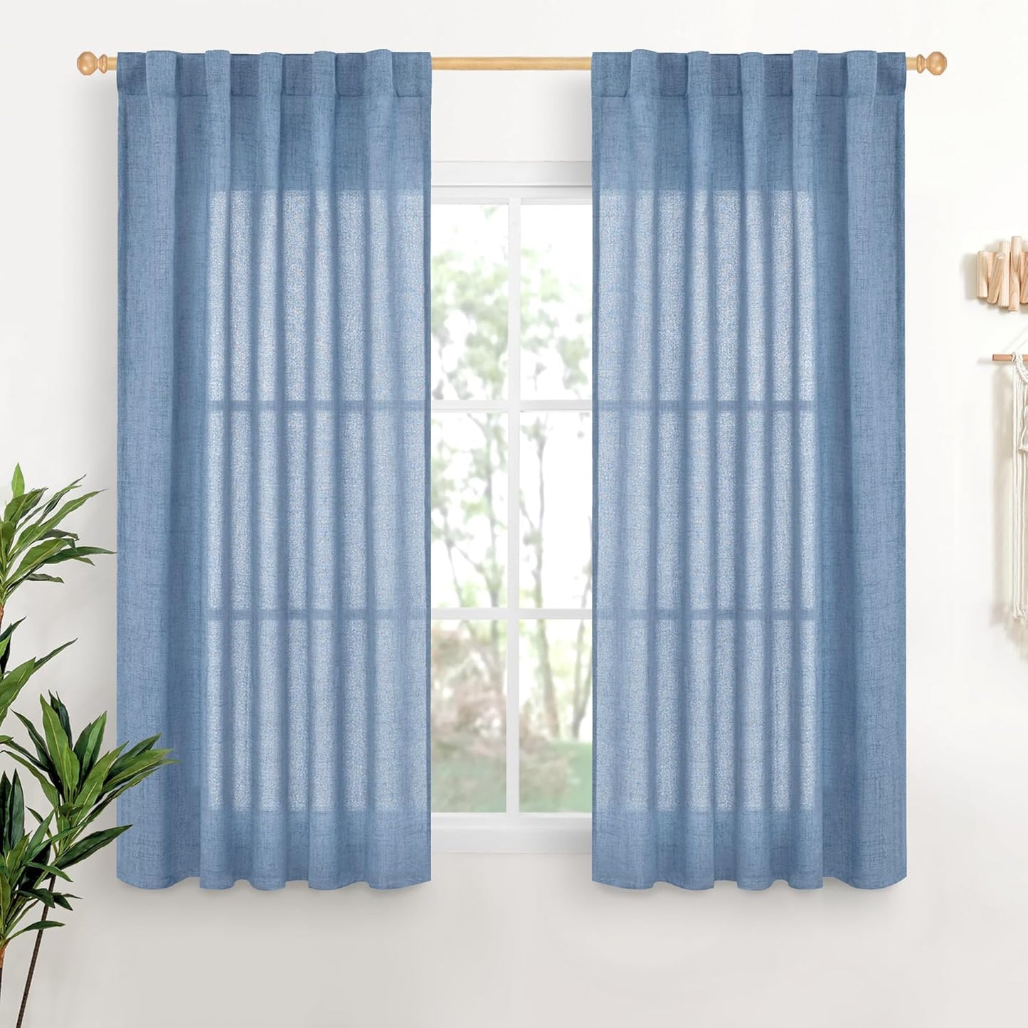 YoungsTex Denim Blue Linen Curtains 54 Inch Length for Short Windows, Semi Sheer Drapes Light