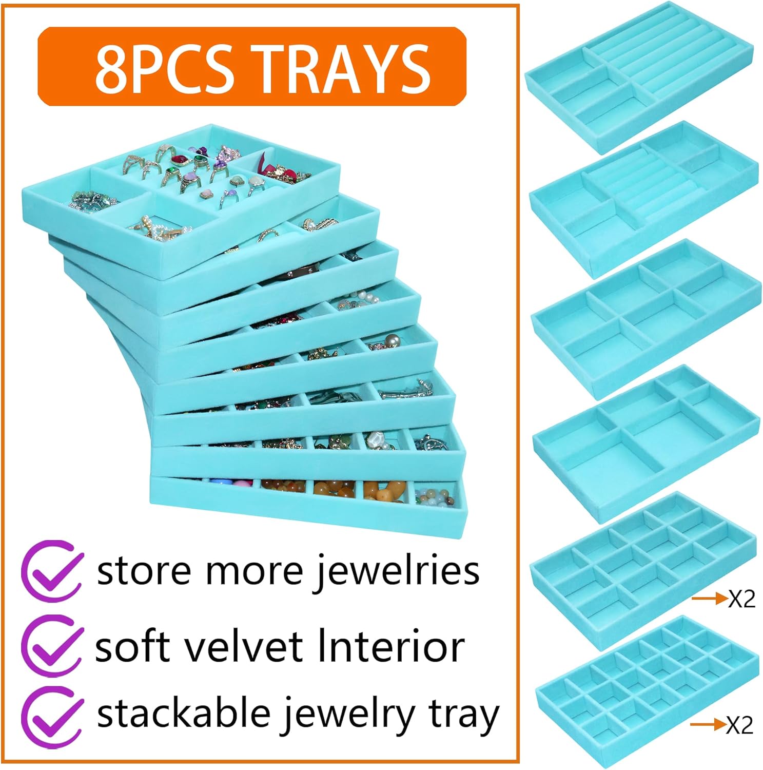 8 Pcs Velvet Jewelry Tray Stackable Jewelry Drawers Organizer Trays Rings Earrings Bracelet