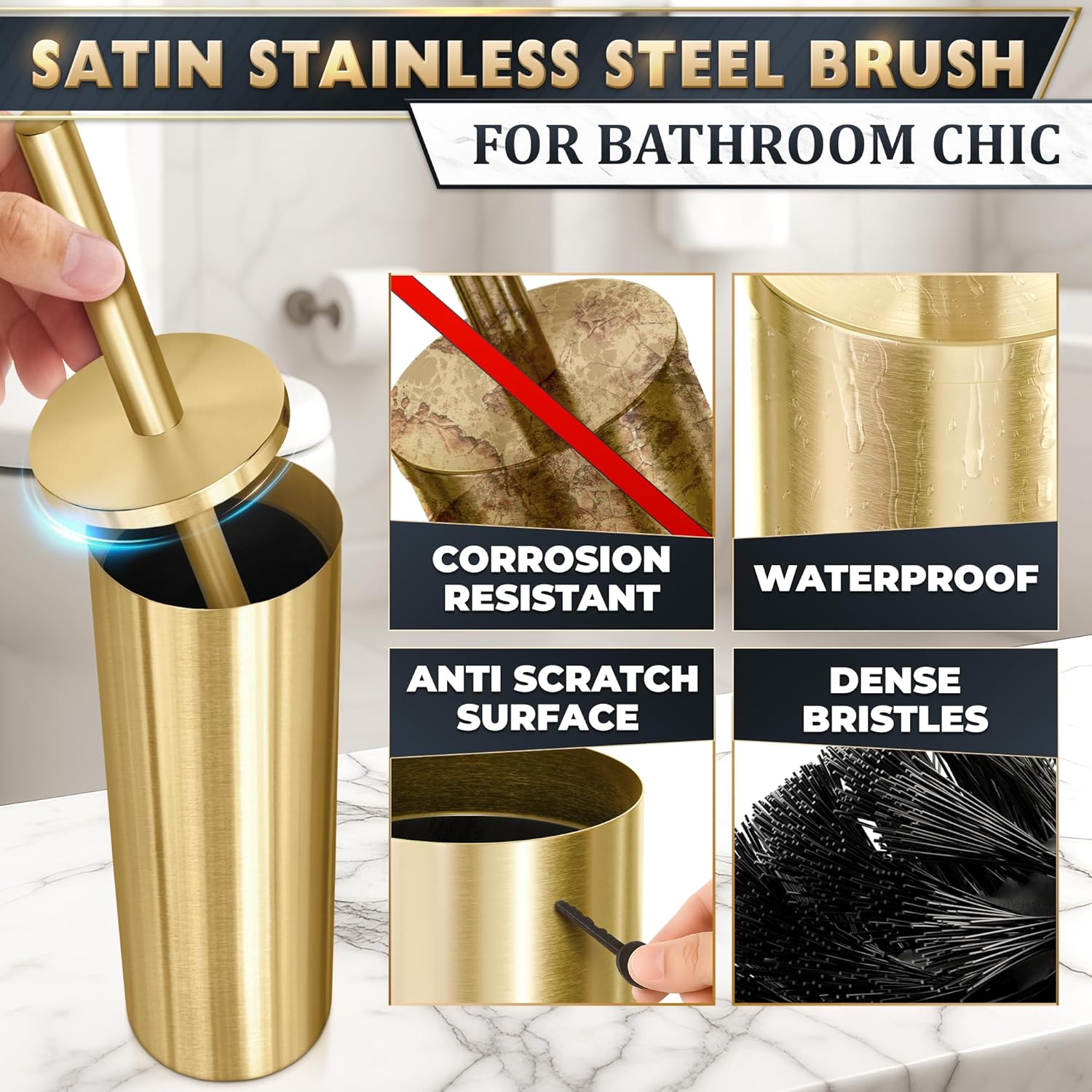 Gold Toilet Brush and Holder Set - Brushed Stainless Steel Gold Toilet Bowl Brush and Holder with