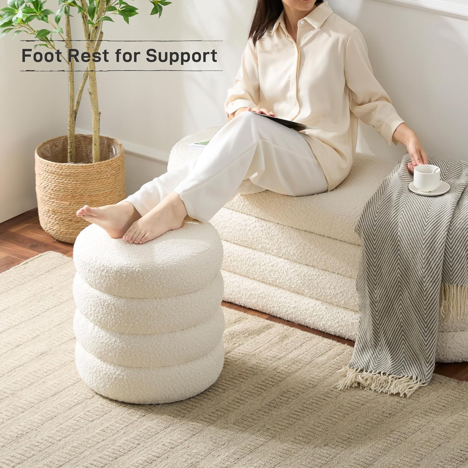 Round Ottoman with Storage Boucle Ottoman Stool with Storage Removable Lid for Living Room Modern