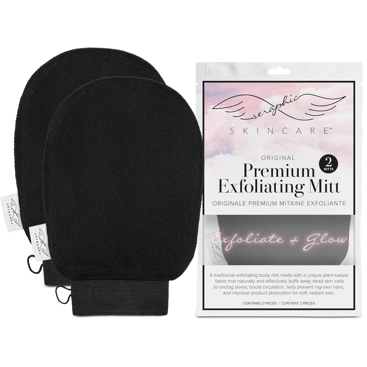 Seraphic Skincare (Original) Premium Exfoliating Mitt for Body (2pc) – 100% Vegan Viscose