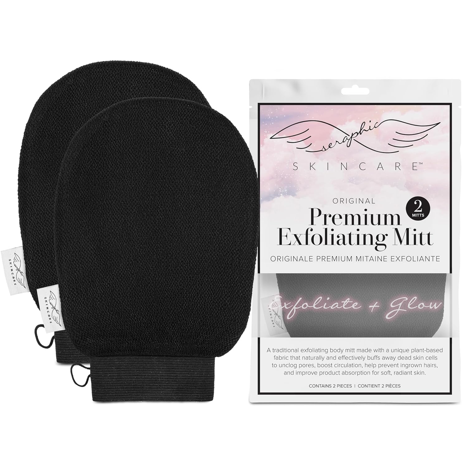Seraphic Skincare (Original) Premium Exfoliating Mitt for Body (2pc) – 100% Vegan Viscose