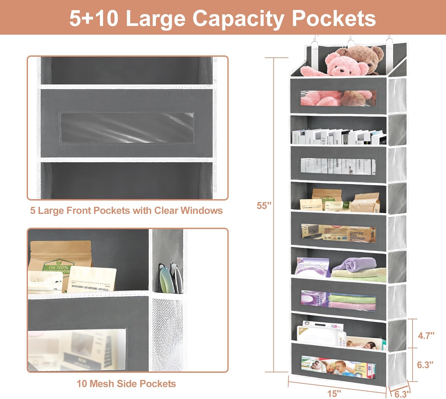 5-Tier Over The Door Storage Organizer with 10 Side Mesh Pockets, 48 lbs Load Capacity, 3 Hooks