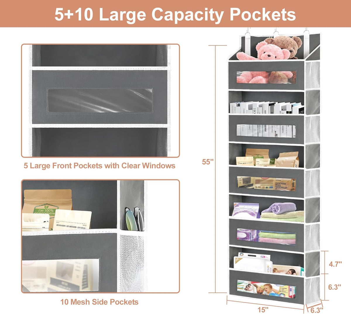 2 Packs 5-Tier Over The Door Organizer with 10 Side Mesh Pockets, 48 lbs Load Capacity, 3 Hooks