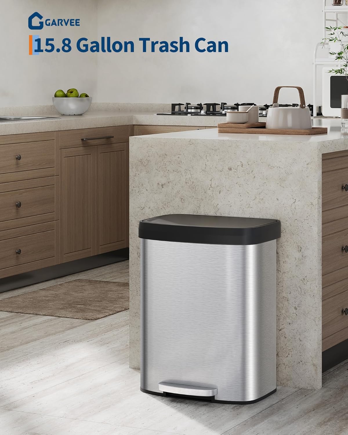 Garvee 16 Gallon / 60 Liter Stainless Steel Trash Can with Lid, Large Garbage Can for Kitchen