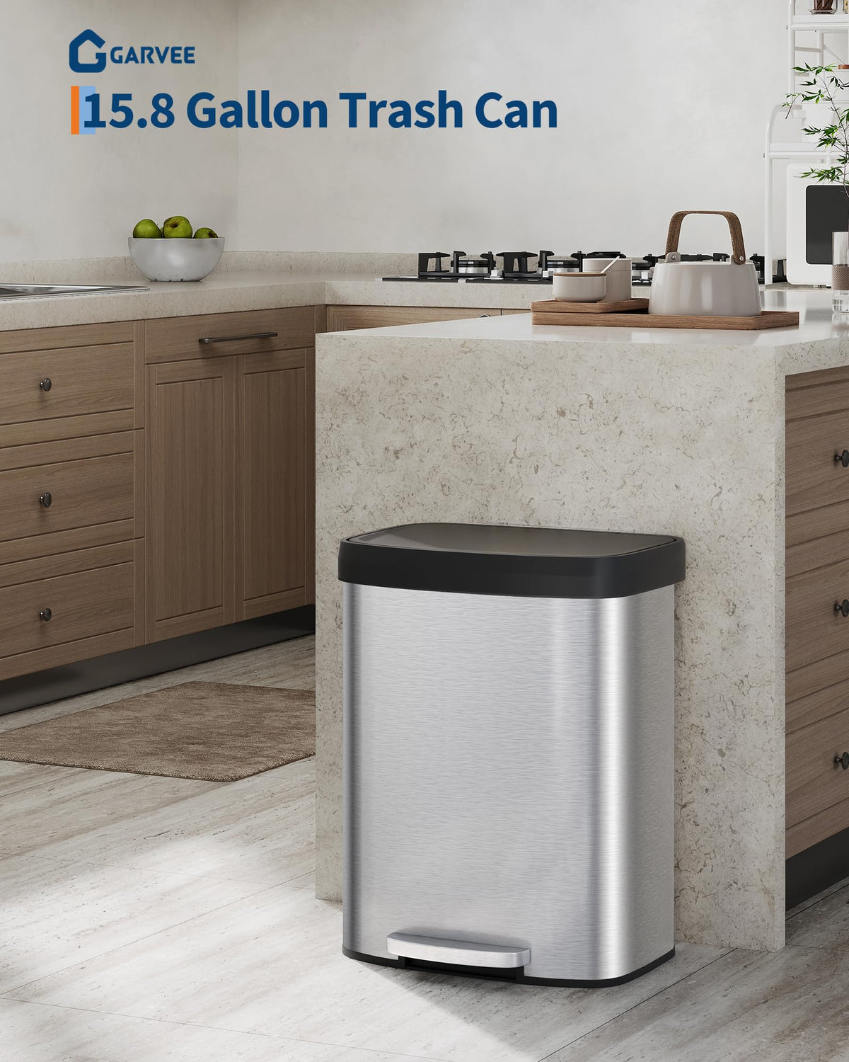 Garvee 16 gal / 60 L Stainless Steel Trash Can with Lid, Large Garbage Can for Kitchen, Rustproof