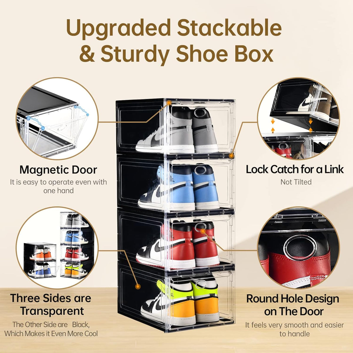 10 Pack Shoe Boxes Stackable,Upgraded Sturdy Storage Boxes with Clear Magnetic Door,Multifunctional
