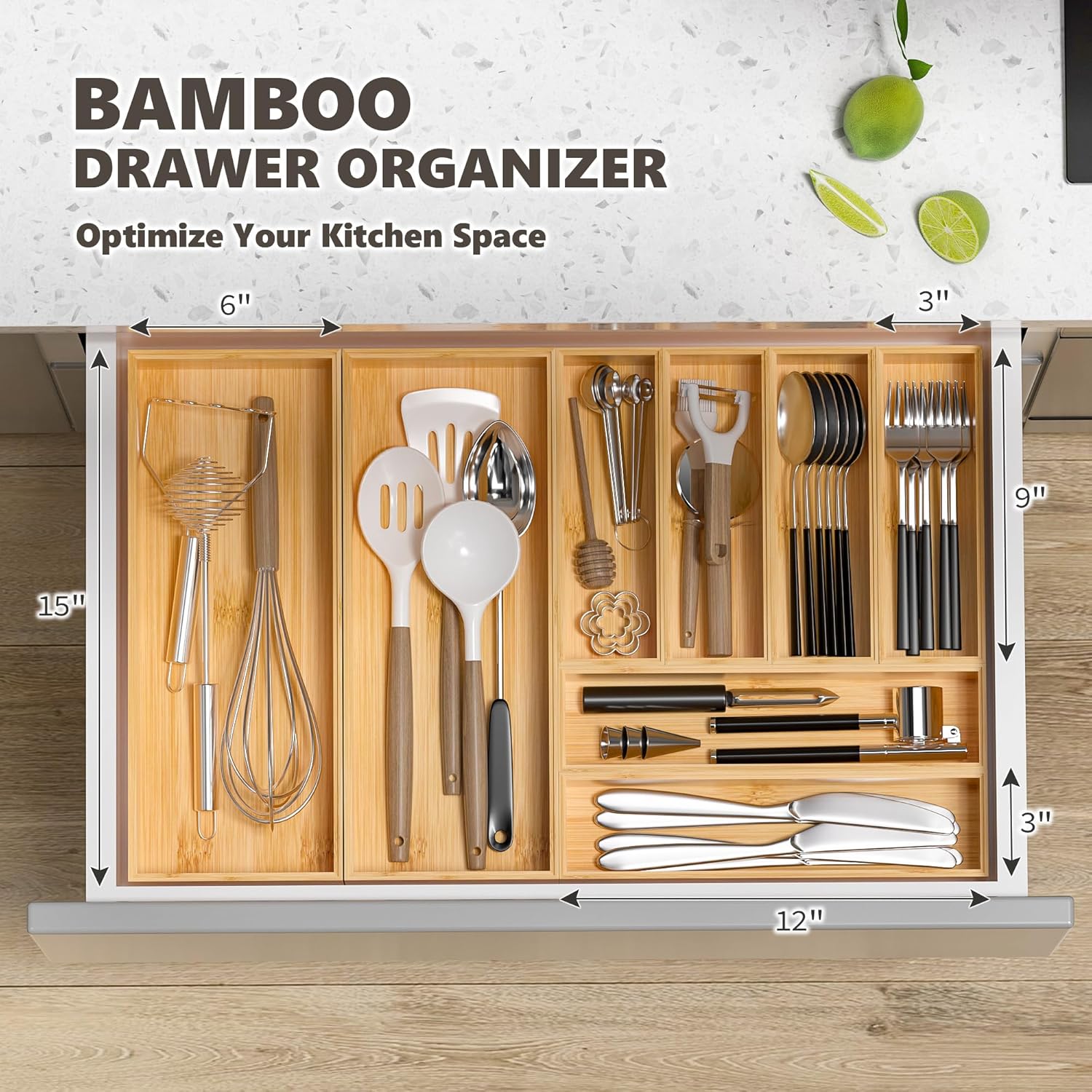 Kitchen Drawer Organizer Bins, Stackable Bamboo Deep Drawer Organizer for Silverware, Utensils