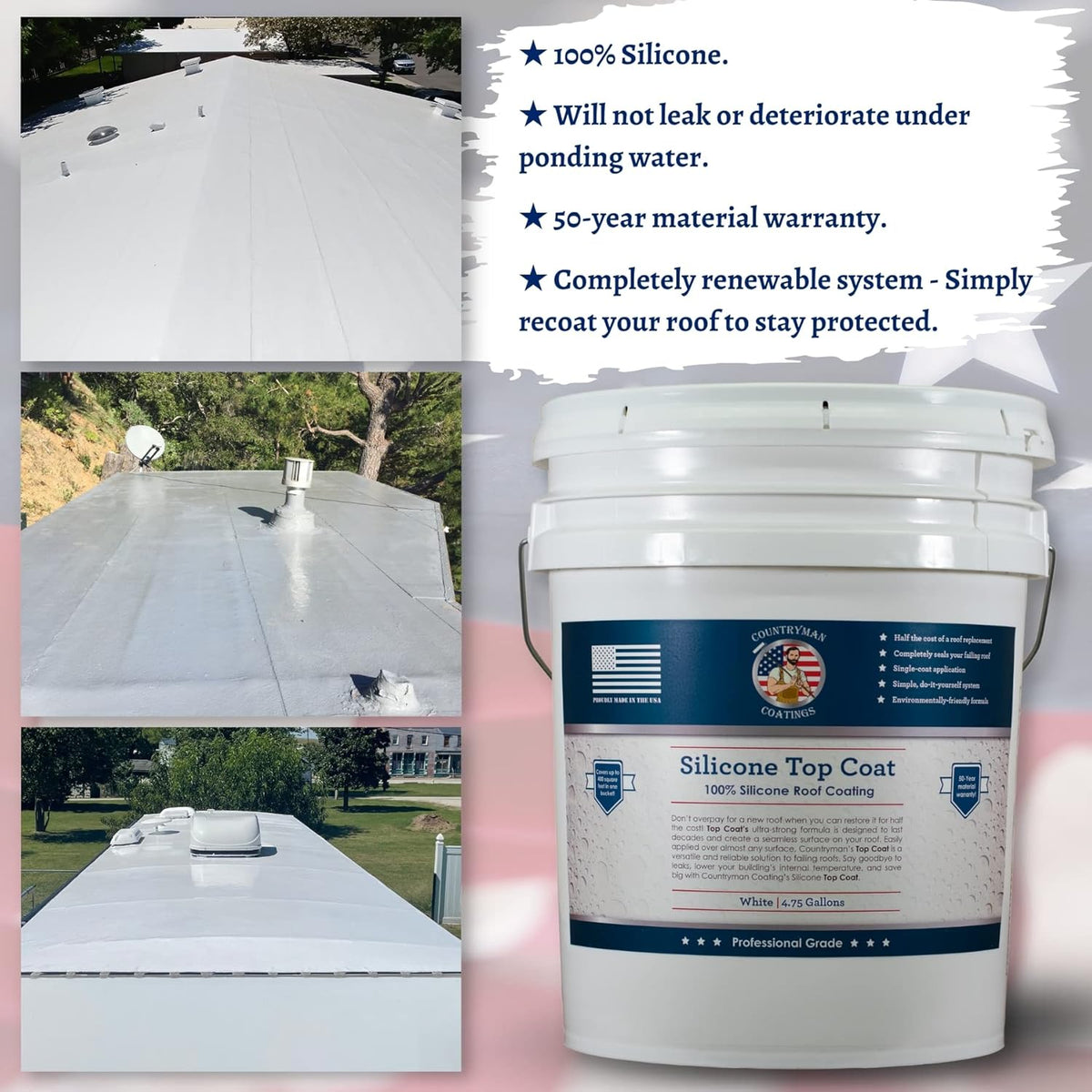 Countryman Coatings 100% Silicone Roof Coating - Restore Your Roof in a Day - Seal Leaks, Cracks
