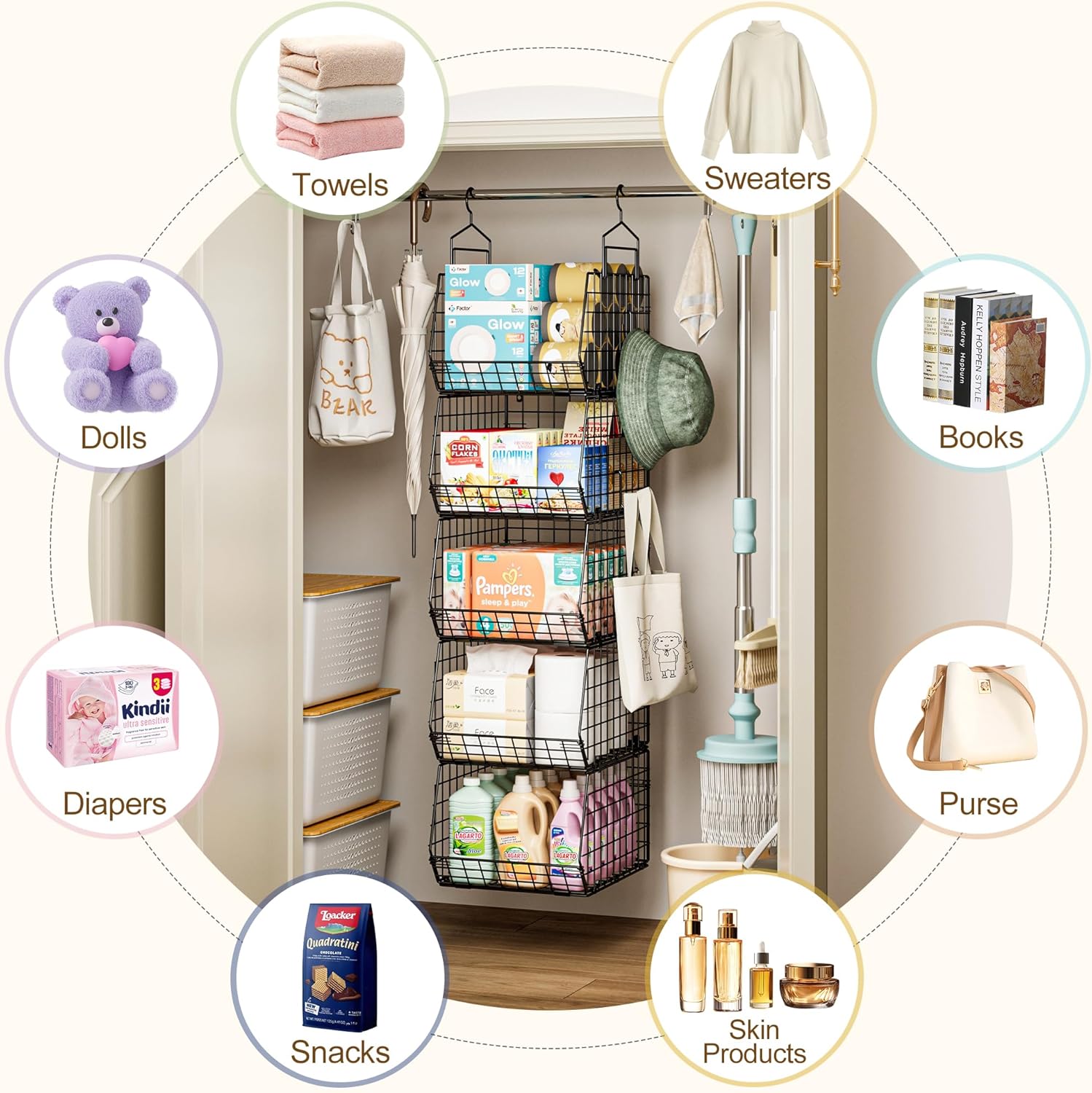 Deeper 4'' Design 5 Tier Foldable Hanging Closet Organizer and Storage，Wire Cabinet Shelves and