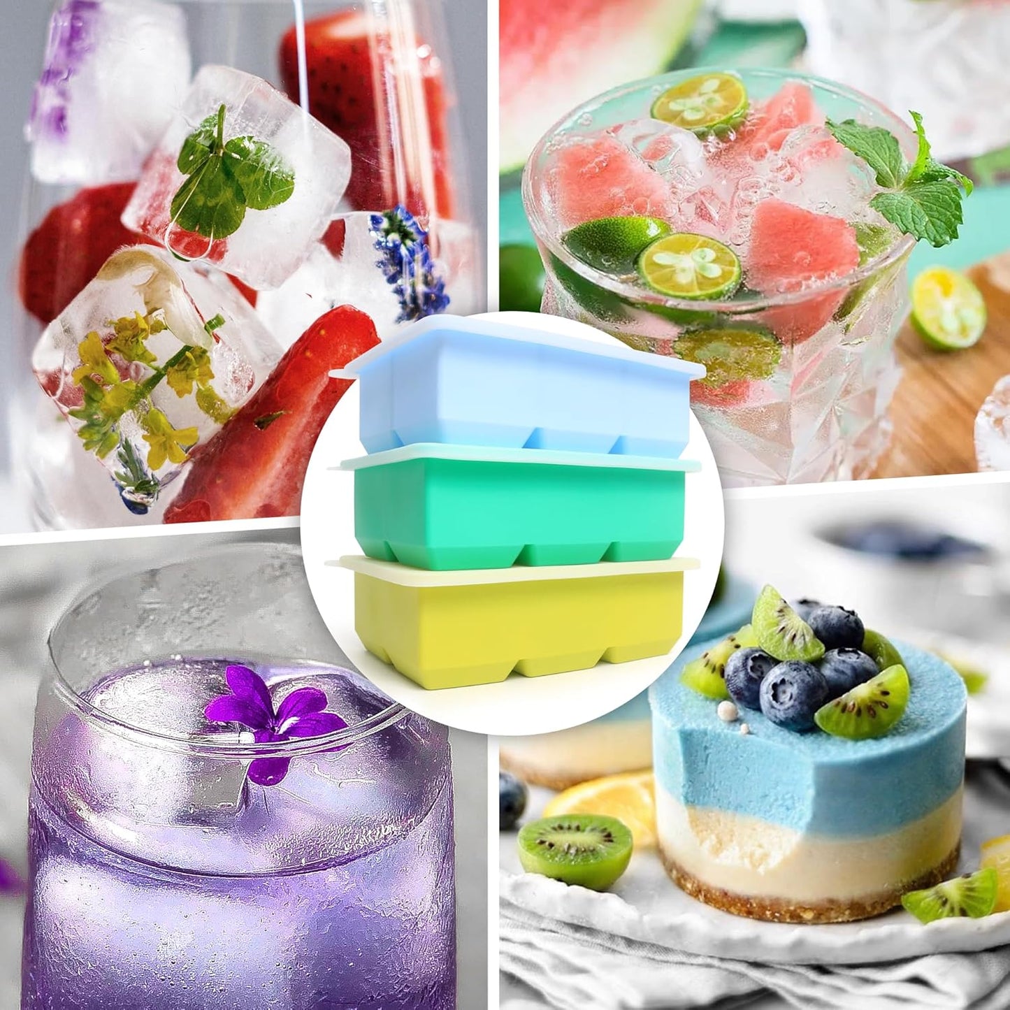 Silicone Ice Cube Trays 3 Pack - Large Size Silicone Ice Cube Molds with Leak Proof Removable Lid