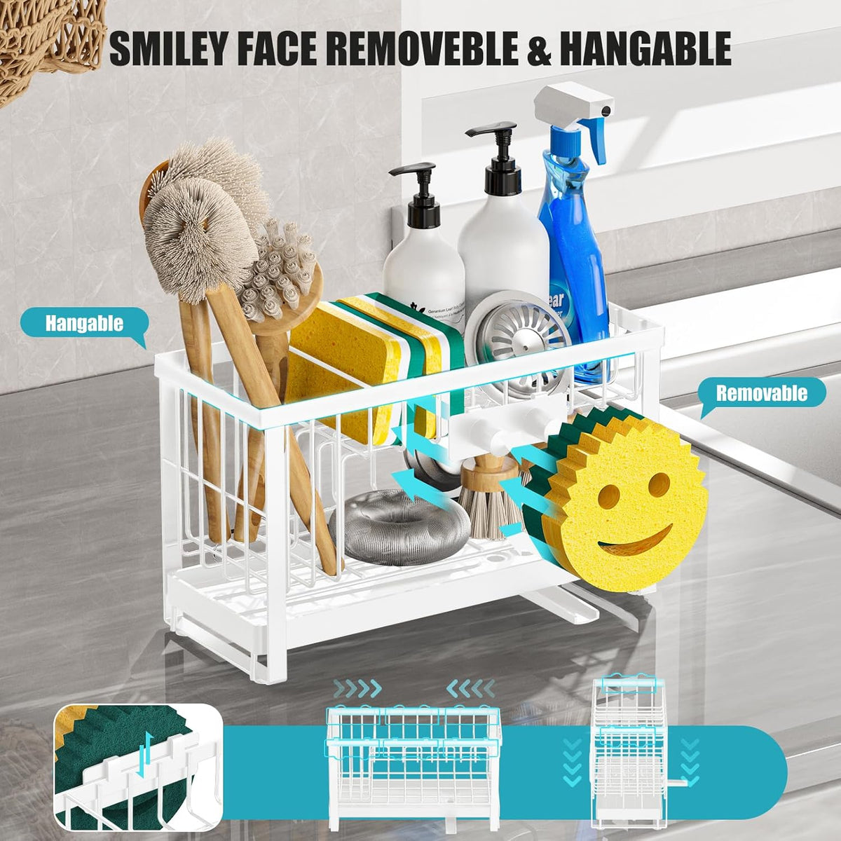 Sponge Holder for Kitchen Sink with Flexible Sink Caddy Smiley Face,2 Tier Kitchen Sponge Holder