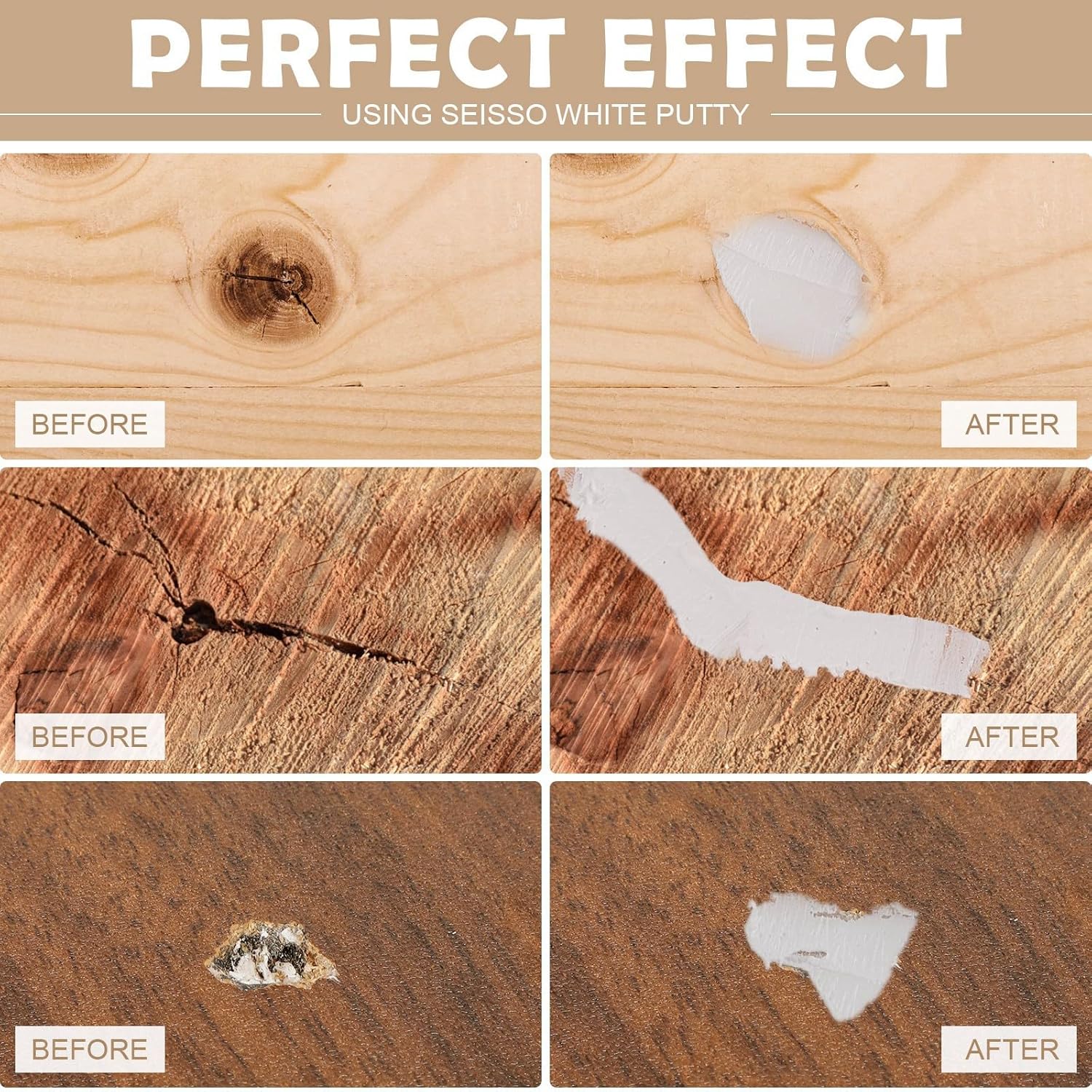 SEISSO Wood Filler & Putty - Waterproof Outdoor Wood Repair Putty, Paintable & Stainable, White