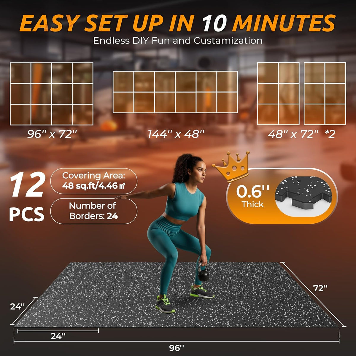PRAISUN 0.6" Thicker Gym Mat, 12 Tiles 48 Sq Ft Workout Mats, Interlocking Foam Tiles with Rubber