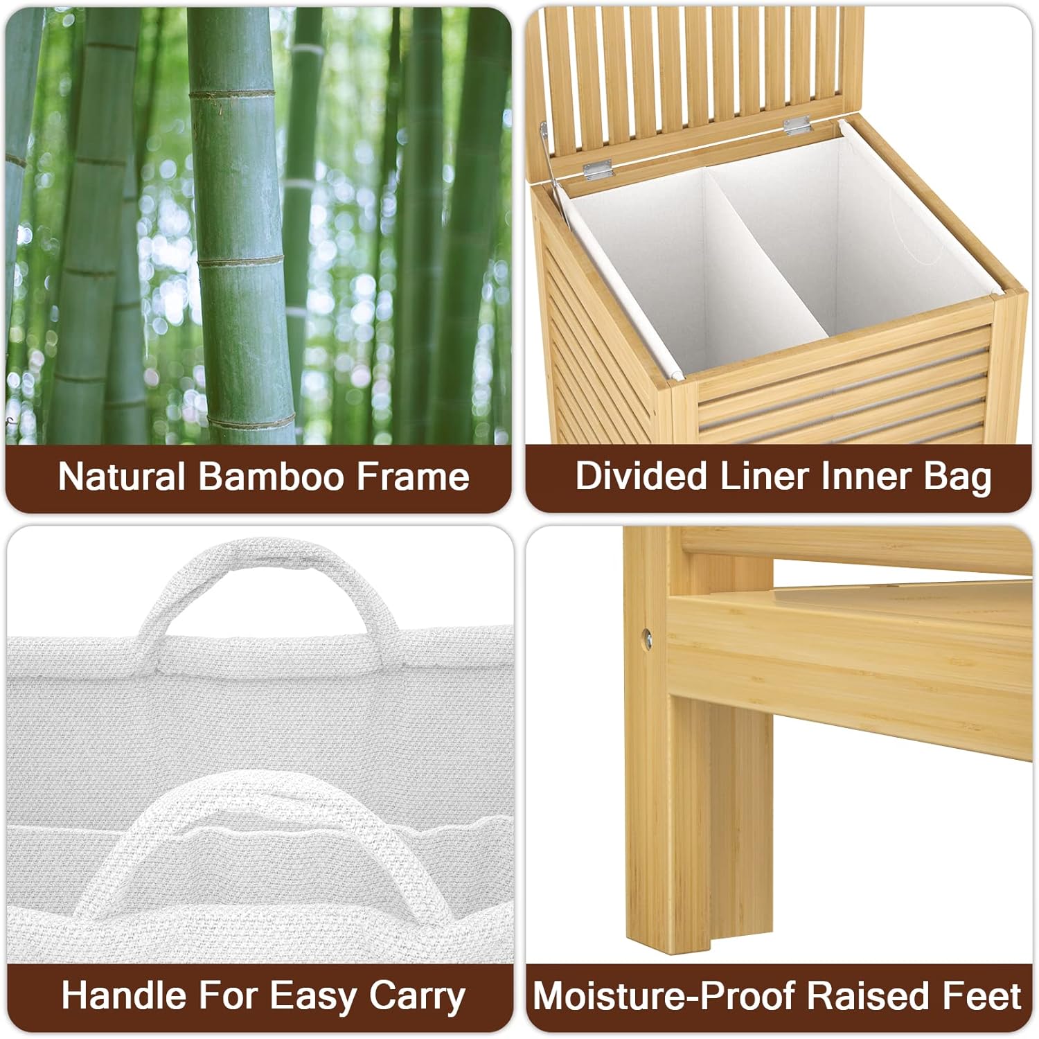 Homykic Bamboo Laundry Hamper with Lid, 120L Large Clothes Laundry Sorter with Removable 2-Section