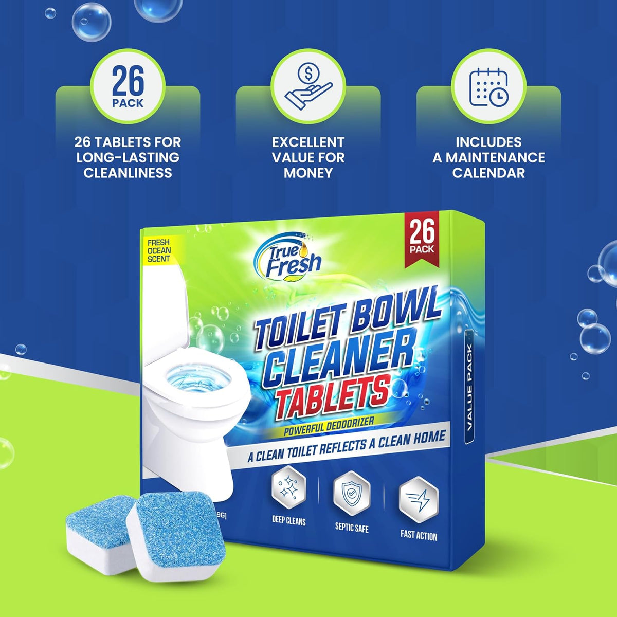 True Fresh Toilet Bowl Cleaner Tablets 26 Pack – Deodorizer & Septic Safe – Deep Cleaning, Odor