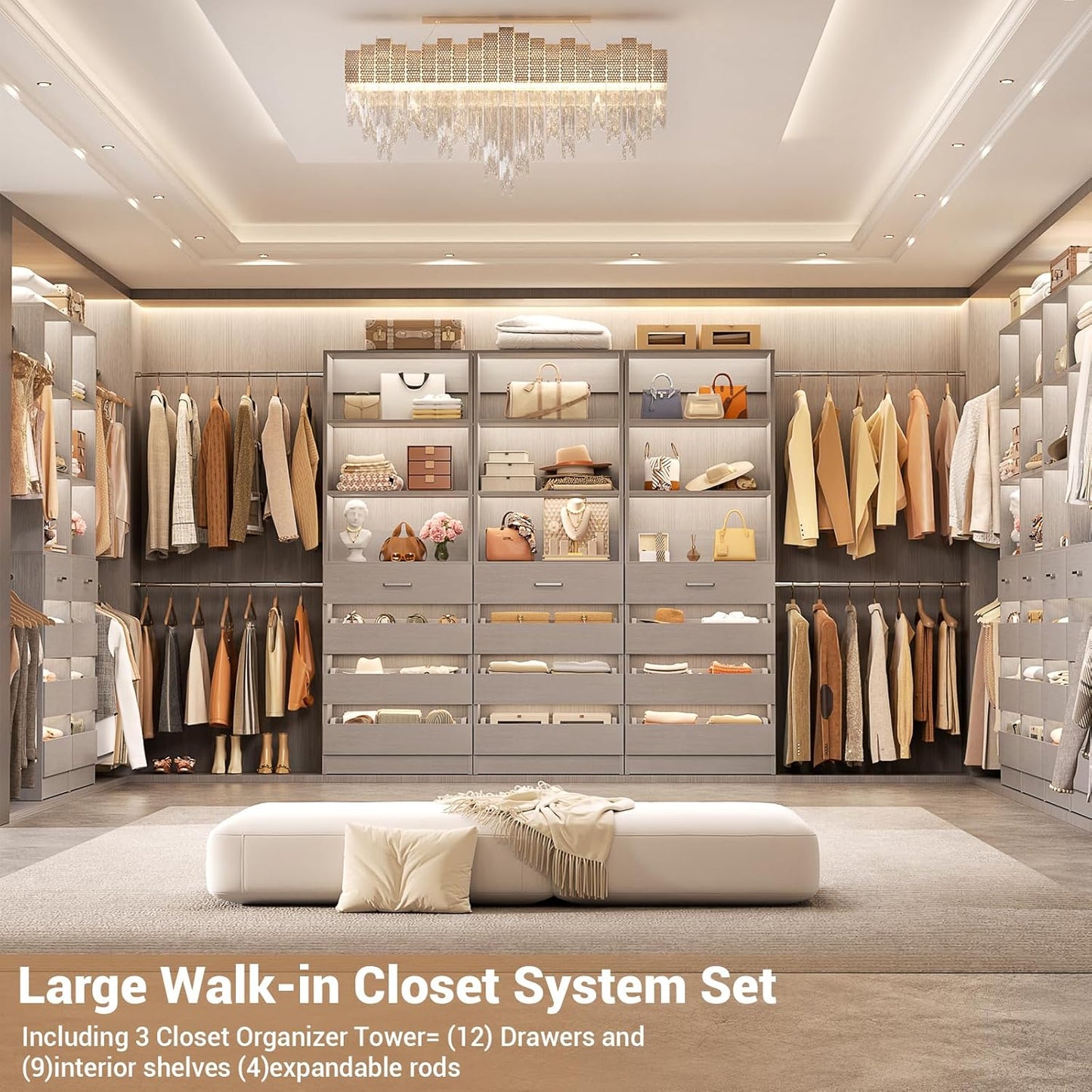 Aheaplus Closet System with 12 Drawers, 8.5-11.5Ft Wood Closet Organizer System with 4 Hanging Rods
