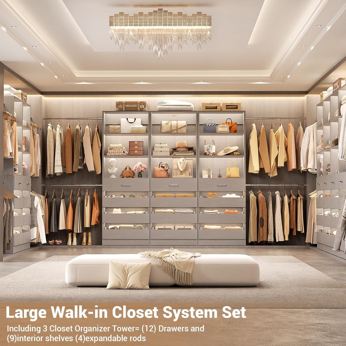 Aheaplus Closet System with 12 Drawers, 8.5-11.5Ft Wood Closet Organizer System with 4 Hanging Rods