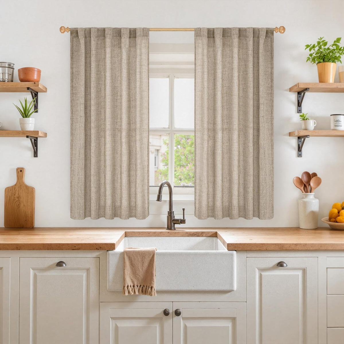 YoungsTex Dark Oatmeal Linen Curtains 45 Inch Length for Short Window, Tan Semi Sheer Drapes with