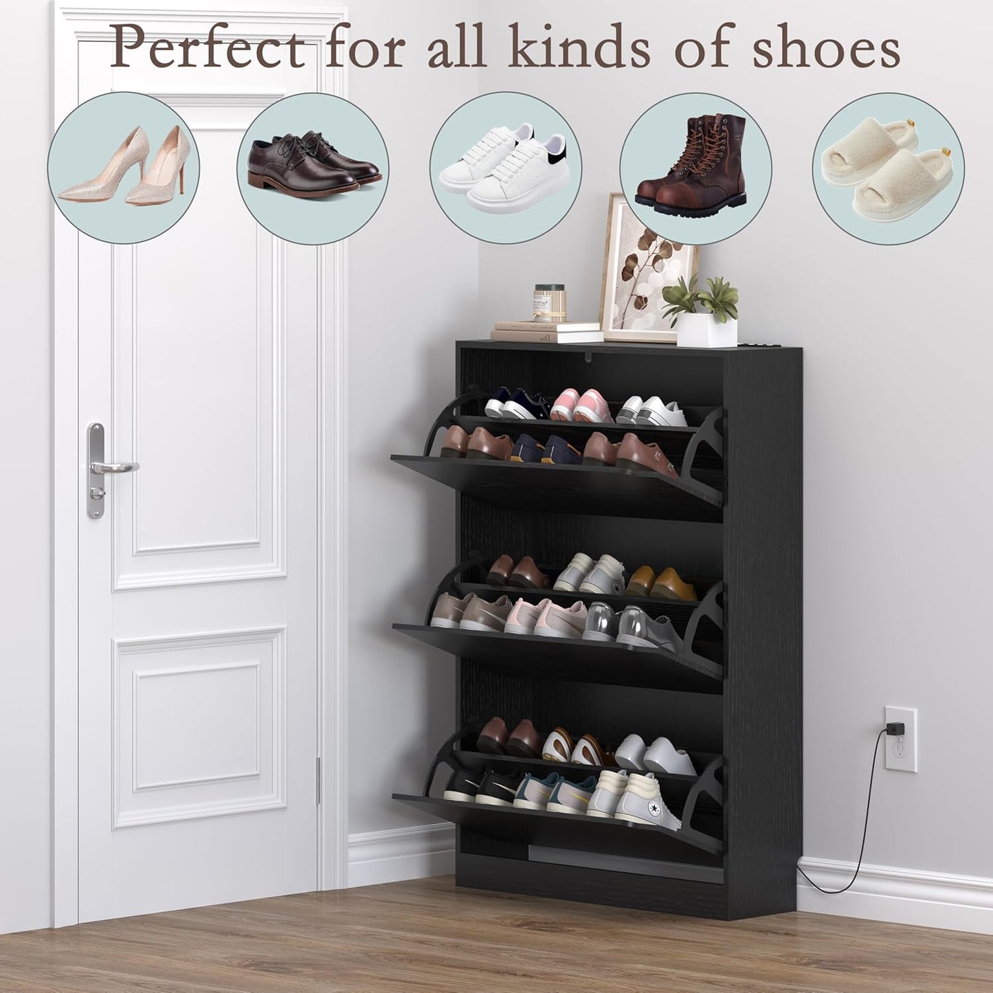 Shoe Cabinet with Odor Control and Back Panels, Deodorizing Slim 3-Flip Shoe Storage Cabinet for
