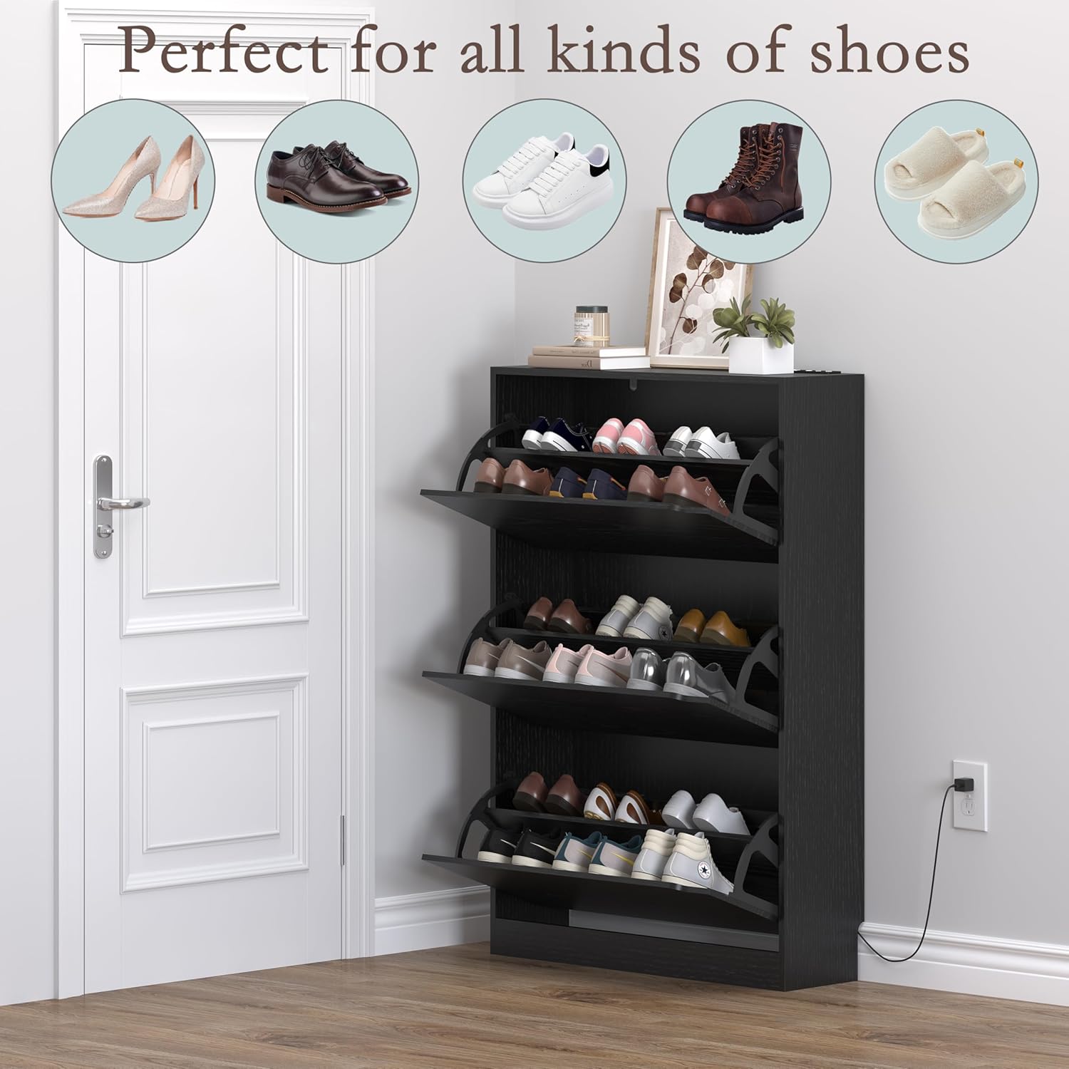Shoe Cabinet with Odor Control and Back Panels, Deodorizing Slim 3-Flip Shoe Storage Cabinet for