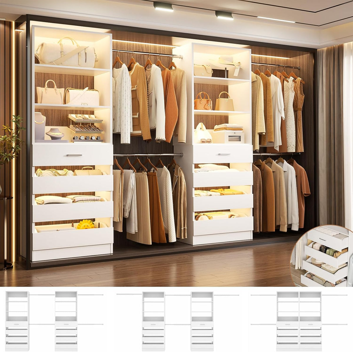 Aheaplus Closet System, 6-15Ft Closet Organizer with 8 Wooden Drawers, Wood Closet Organizer System