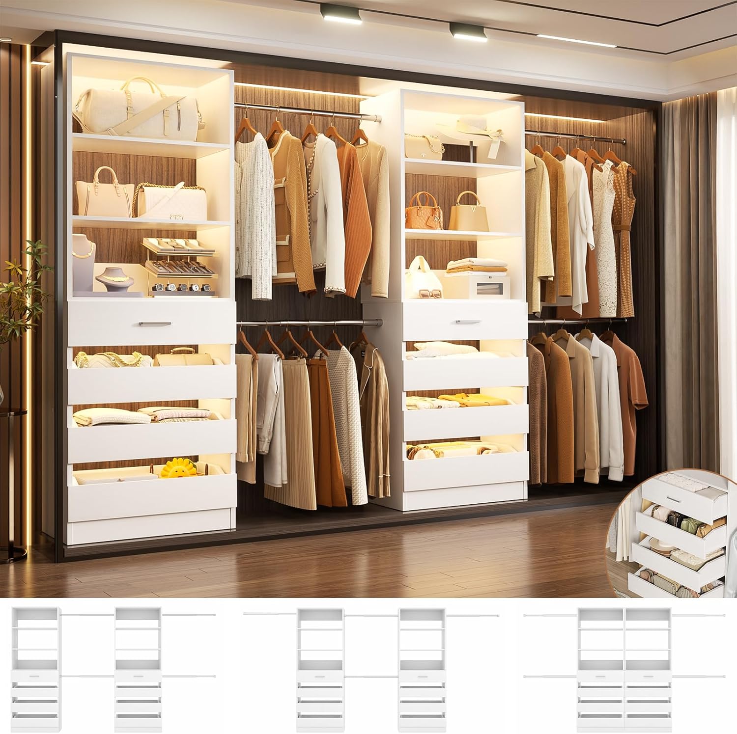 Aheaplus Closet System, 6-15Ft Closet Organizer with 8 Wooden Drawers, Wood Closet Organizer System