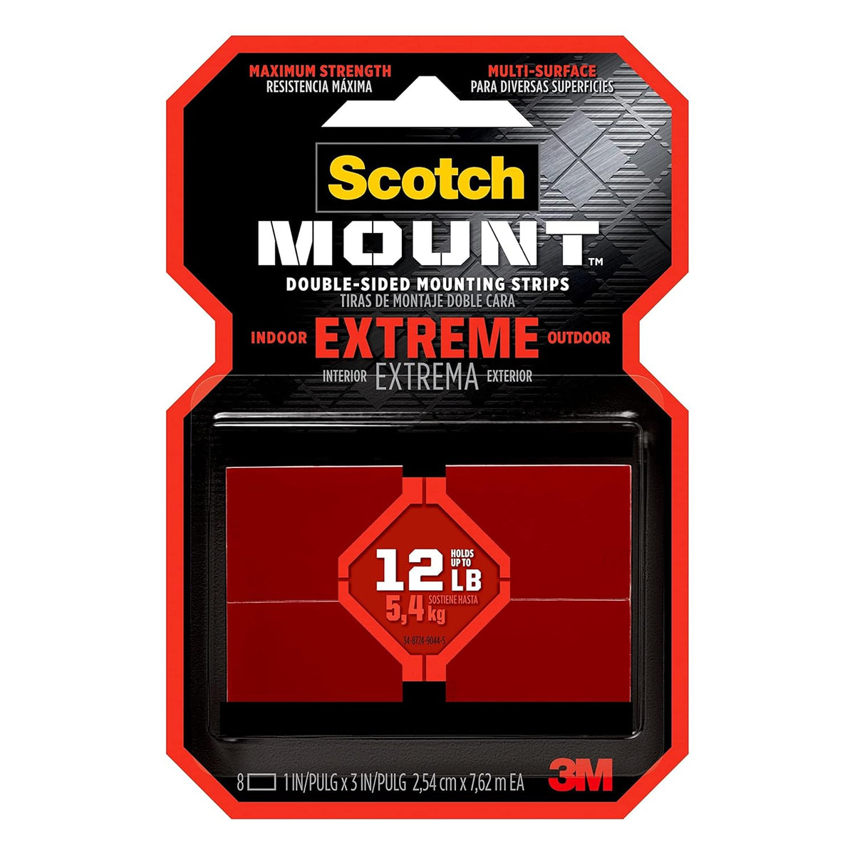 Scotch Extreme Mounting Strips, Double-Sided Heavy Duty Tape, 8 Strips, 1 in x 3 in, Use Instead of