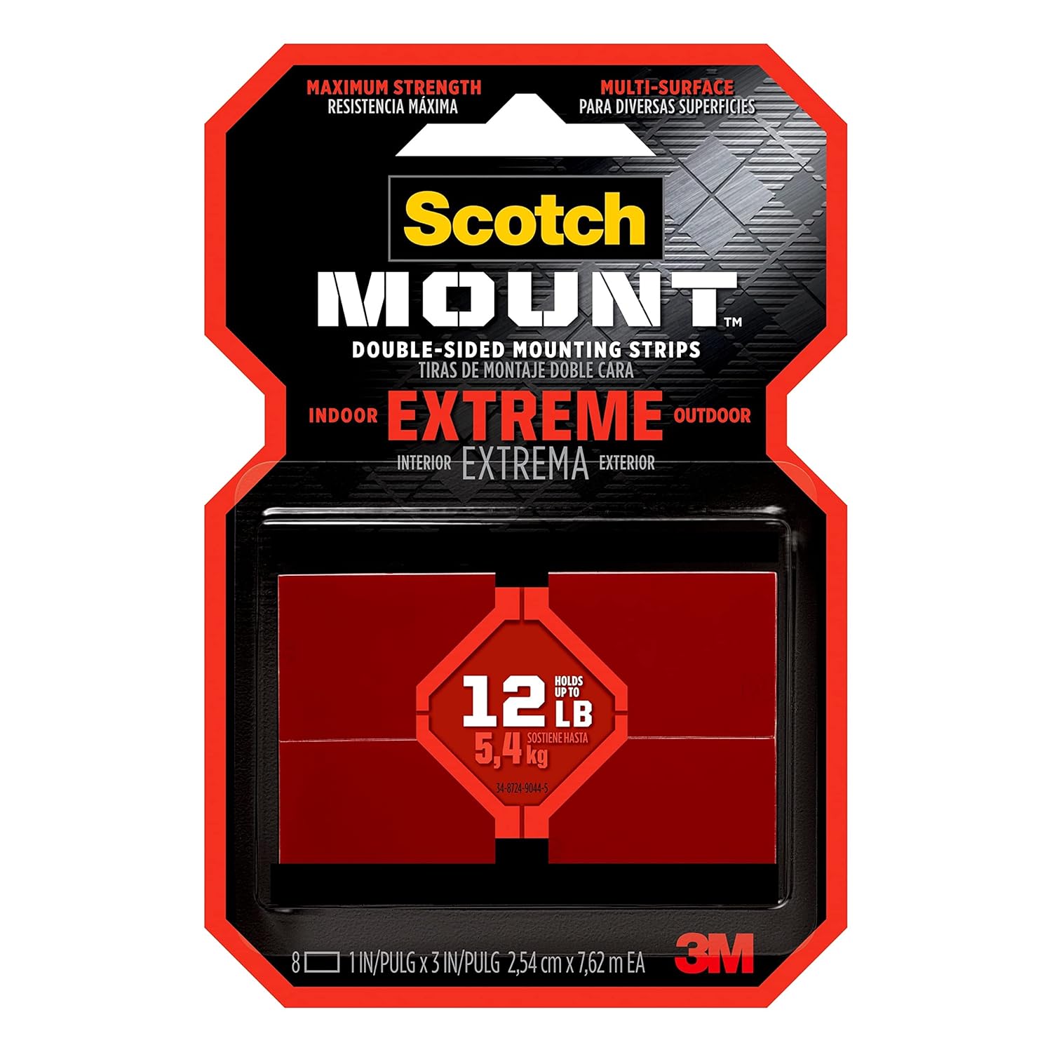 Scotch Extreme Mounting Strips, Double-Sided Heavy Duty Tape, 8 Strips, 1 in x 3 in, Use Instead of