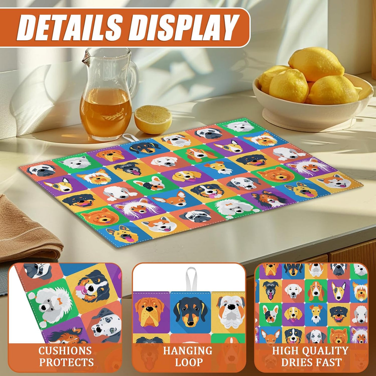 Cute Dogs Dish Drying Mat for Kitchen Counter Microfiber Absorbent Dish Kitchen Drying Mat Draining