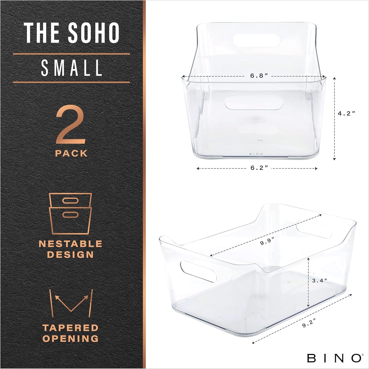 BINO | Plastic Storage Bins, Small - 2 Pack, Clear | THE SOHO COLLECTION | Pantry Organizers and